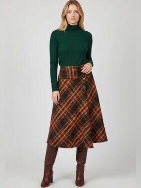 Basler Women's Plaid Drop-Waist Faux Wrap Wool Alpaca Blend Midi Skirt Size 8